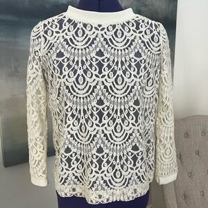 Banana Republic Ivory Lace Button-Back Mock Neck Long Sleeve Top XS Party Chic